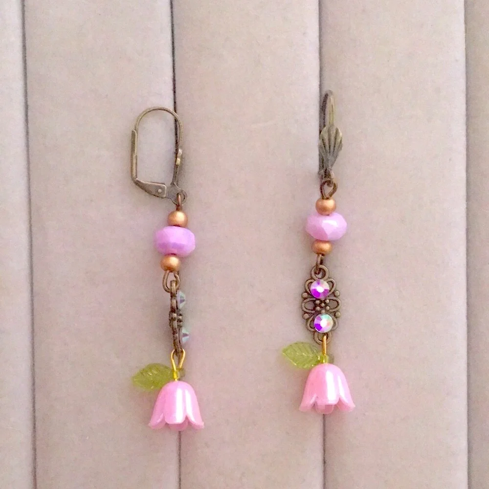 Aurora Borealis Crystal + Antique Brass Gold Pink Flower Boho Drop Earrings